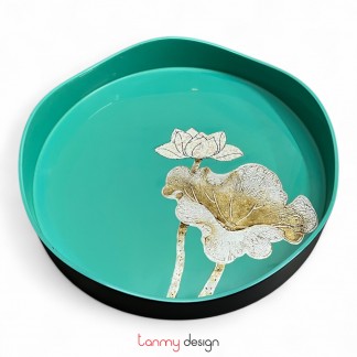 Turquoise round lacquer tray, wavy rim hand-painted with eggshell lotus 27cm